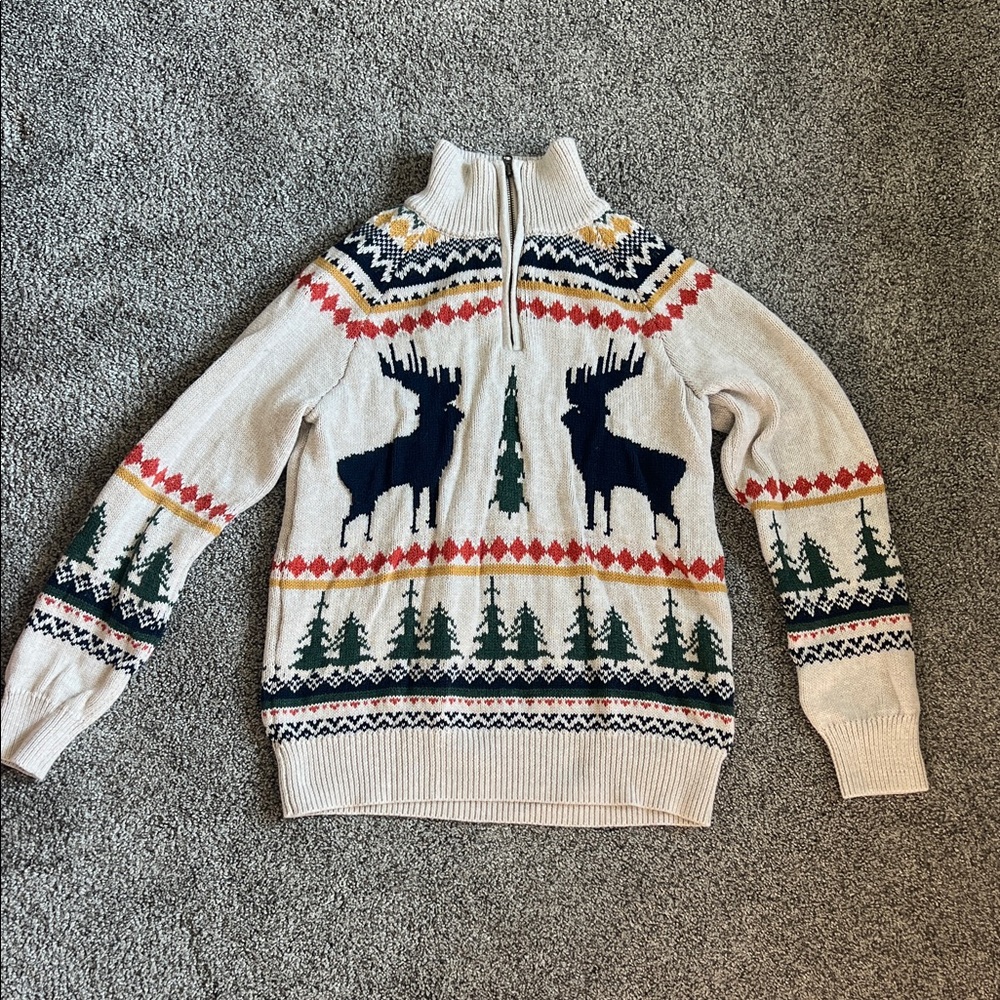 Crewcuts Cream Zip-Up Sweater with Reindeer Design